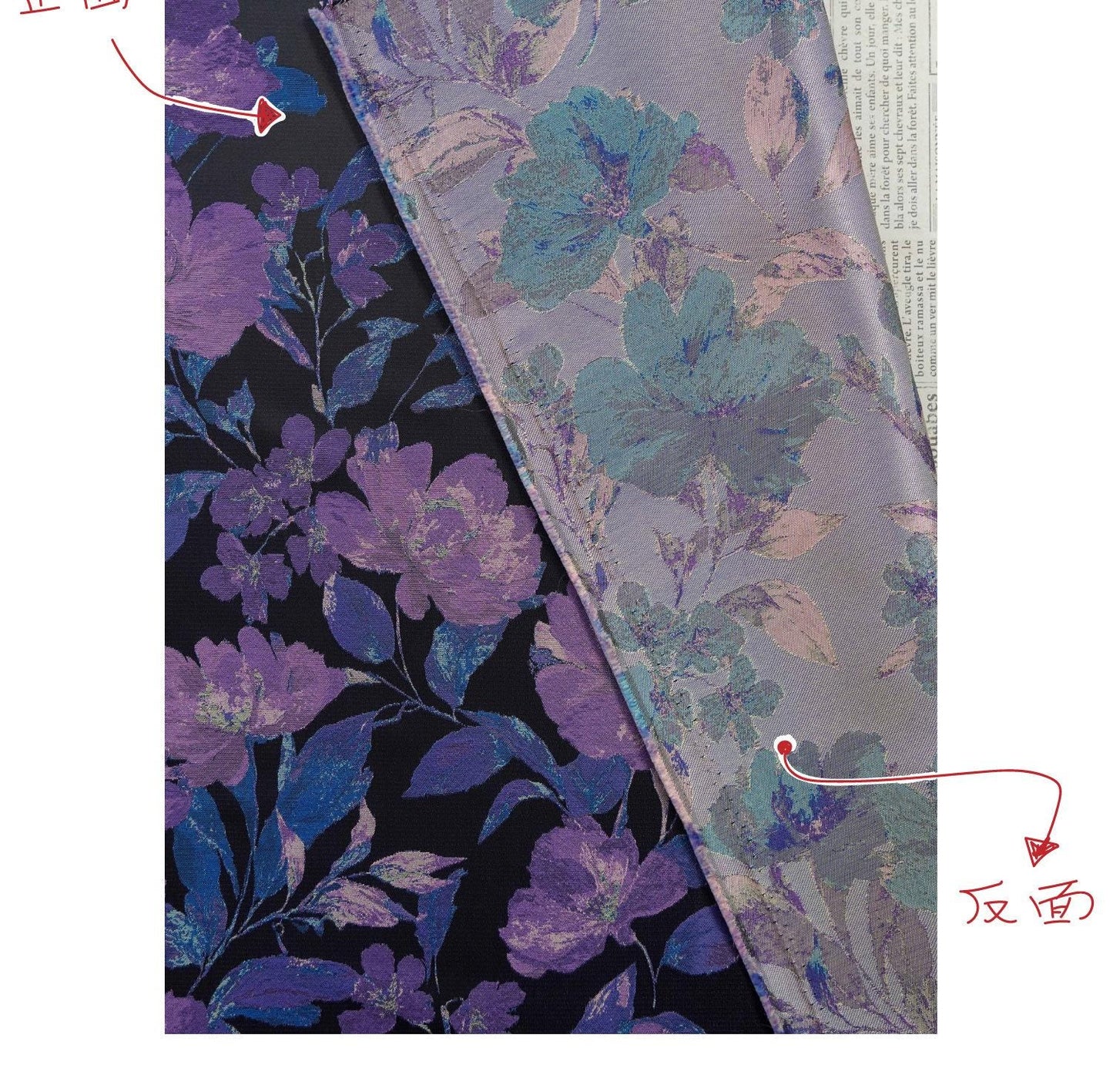Tissu noir style vintage à motif floral violet tissé, largeur 57 pouces