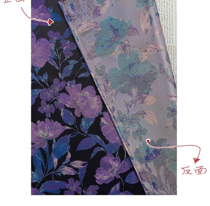 Tissu noir style vintage à motif floral violet tissé, largeur 57 pouces