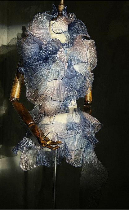 Two-Toned Ruffle Organza Fabric: 3D Folds, 15cm Wide