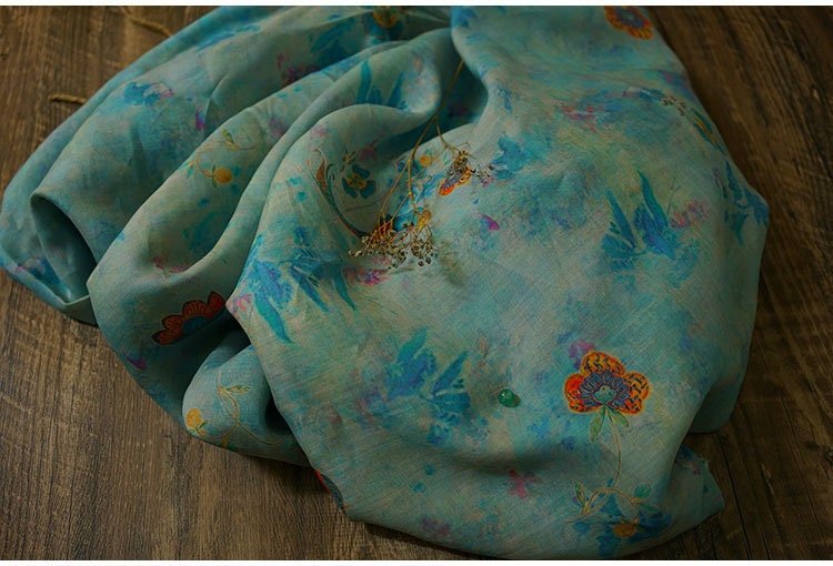 Teal Ramie Fabric: Floral Bird Print, Cheongsam Qipao Material, 55" Wide - Poppylollipop