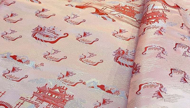 Dragon Boat Brocade Fabric: Champagne & Pink Silk Rayon Blend