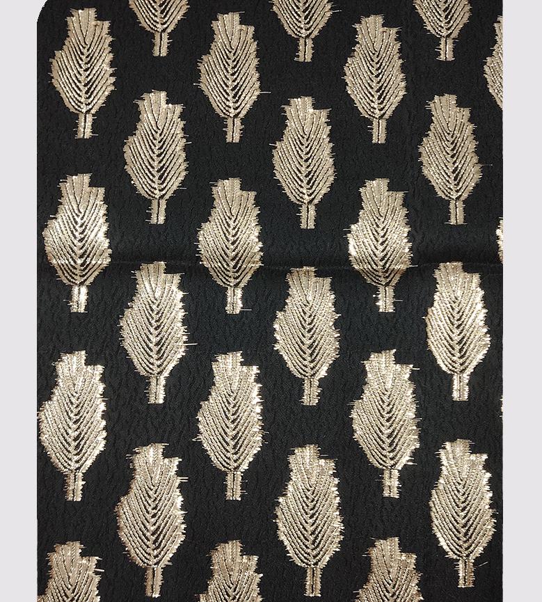 Black Jacquard Fabric: 3D Gold Thread Leaf Design, 59" Wide