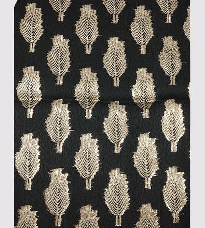Black Jacquard Fabric: 3D Gold Thread Leaf Design, 59" Wide