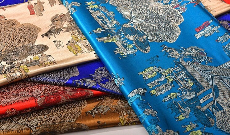 River on the Qingming Festival Brocade Fabric: 59"W Chinese Painting Silk Rayon