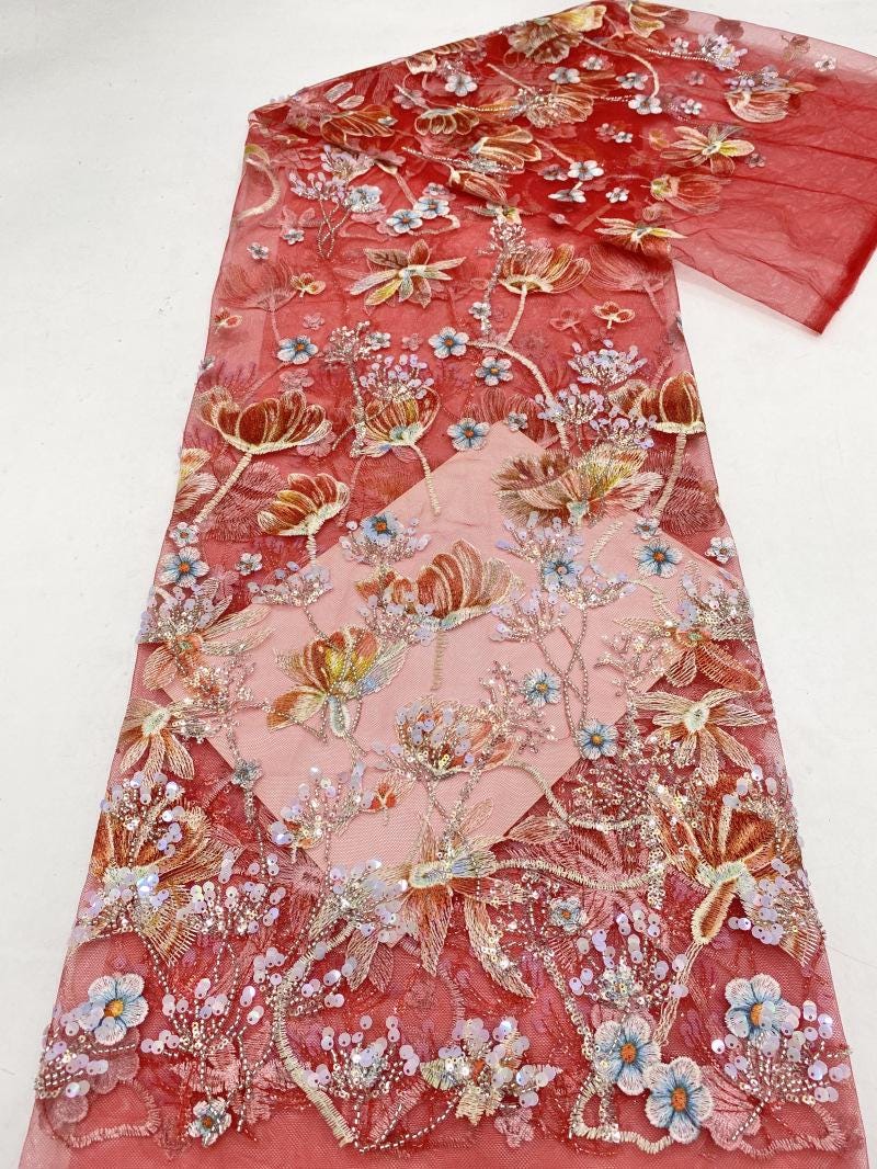 Sequin Floral Embroidery Lace Fabric, 50"W Wedding Dress Material