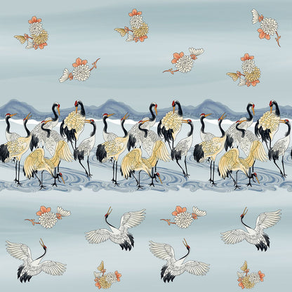 Blue Crane Print Satin Fabric: Soft Polyester Rayon Blend, 59" Wide