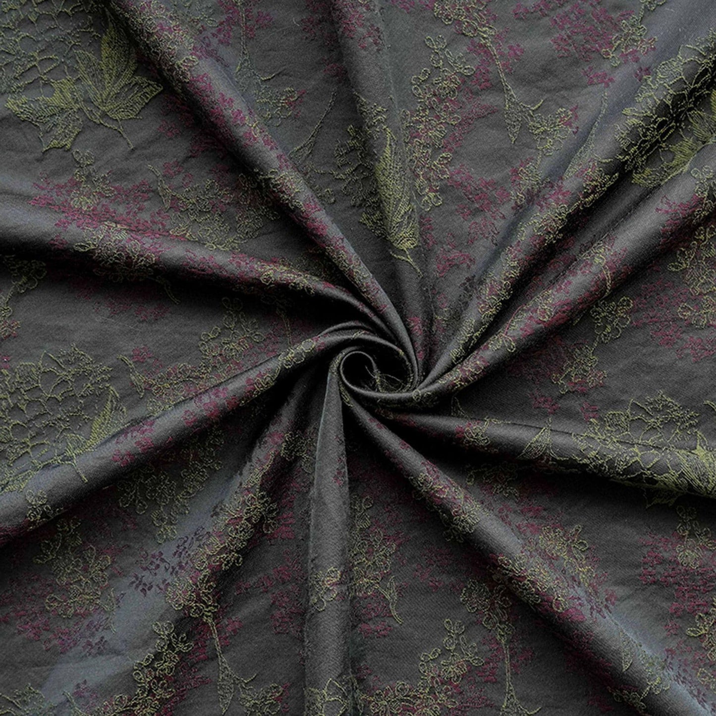 Tissu jacquard floral noir vintage : matière tissée rétro en relief, 145 cm de large