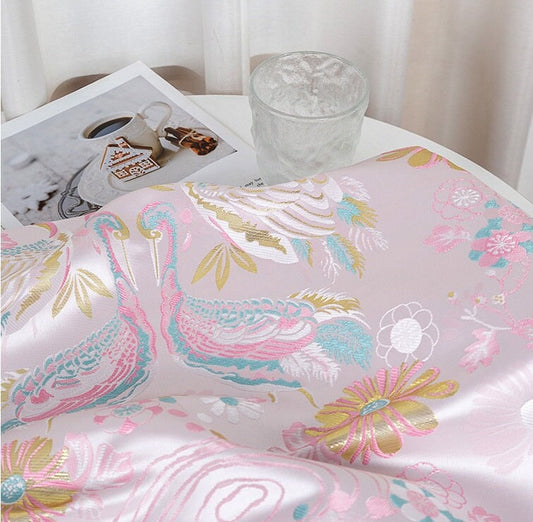 Baby Pink Crane Brocade Fabric: 59"W Jacquard Satin, Costume Decor