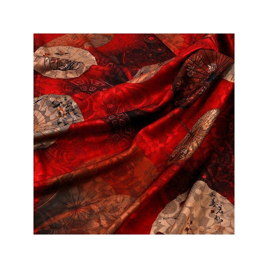 Tissu damassé en soie à motif parapluie - Largeur : 150 cm - Rouge et beige
