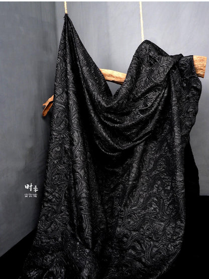 Tissu brocart jacquard queue de phénix noir | Tissu couture gaufré (largeur 150 cm)