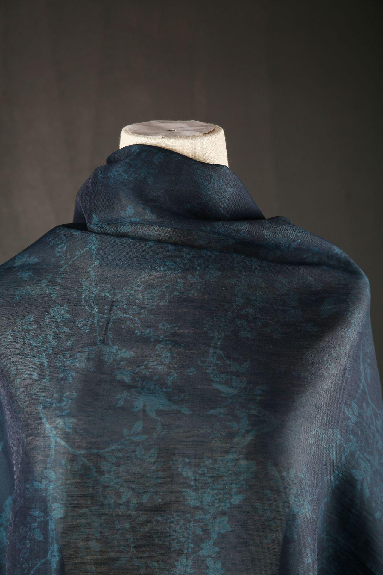 Dark Blue Floral Tencel Ramie Fabric: Sewing Material By Meter