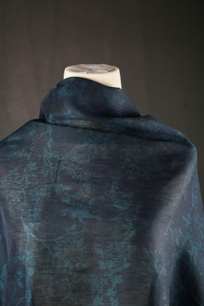 Dark Blue Floral Tencel Ramie Fabric: Sewing Material By Meter