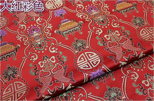 Brocart rouge chinois : motif double poisson Poissons
