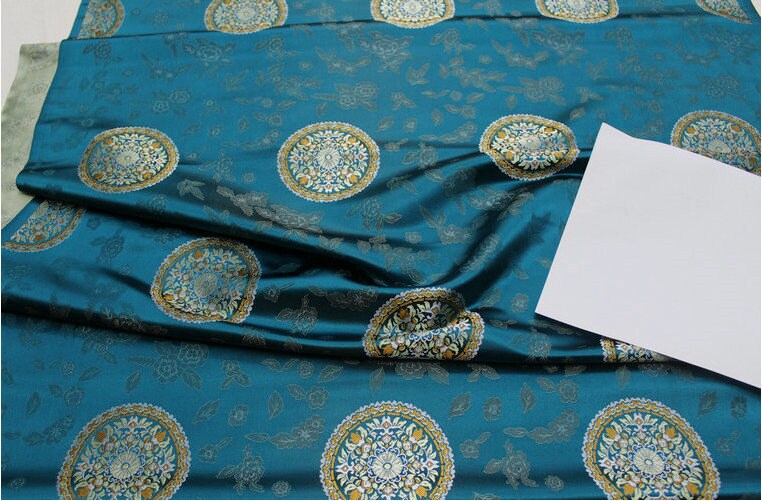 Tissu brocart de soie : style sino-mongol, bleu sarcelle et or (au mètre)
