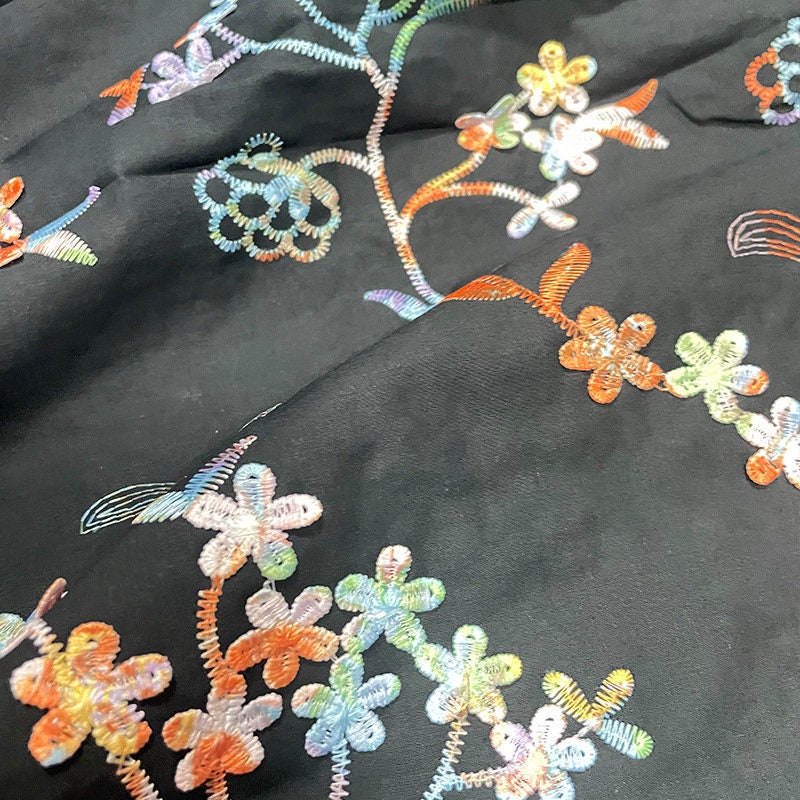 Floral Embroidery Fabric: Multicolor 3D Flowers, 100% Cotton (58"W)