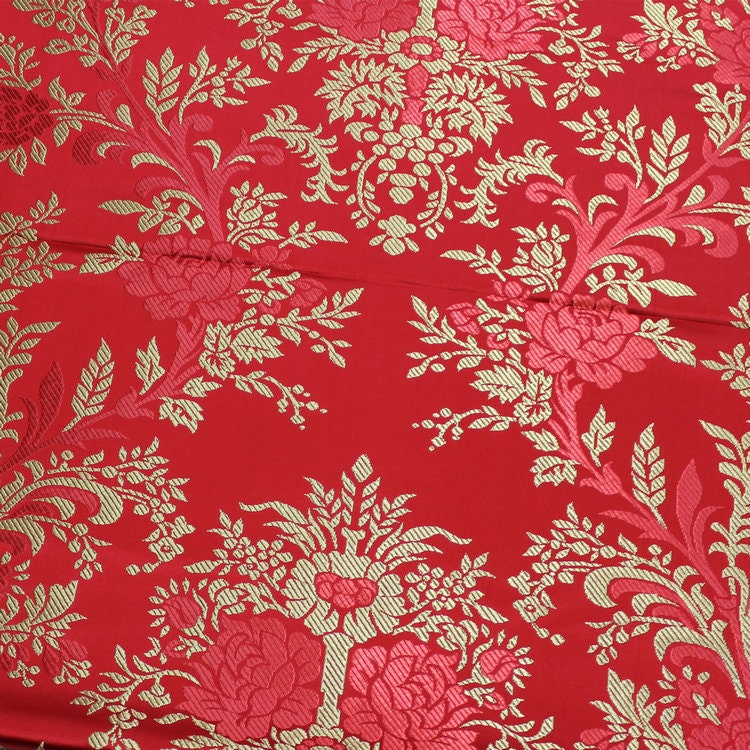 Red and Gold Peony Silk Brocade Fabric: 29.5"W Wedding Upholstery
