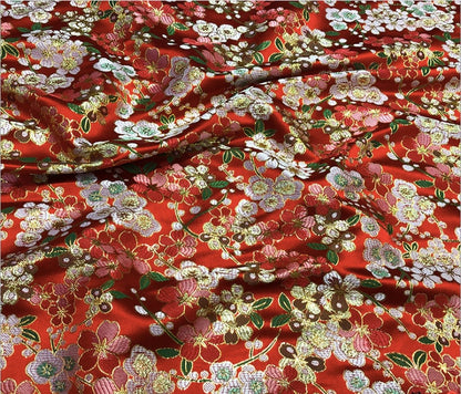 Red Cherry Blossom Brocade Fabric: Satin Jacquard Weave, 59"W