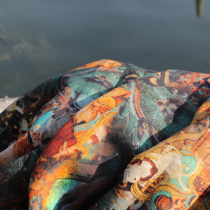 Dunhuang Fresco Buddha Linen Fabric: Asian Style Upholstery, Scarf, Curtain, Sewing (55"W)