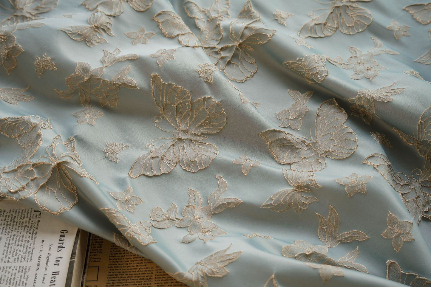 Gold Thread Butterfly Jacquard Fabric: 3D Foil Texture, 56"W, By The Meter