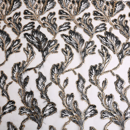 Foil Leaf Sequin Embroidery Fabric: Black & Gold Floral, 50"W