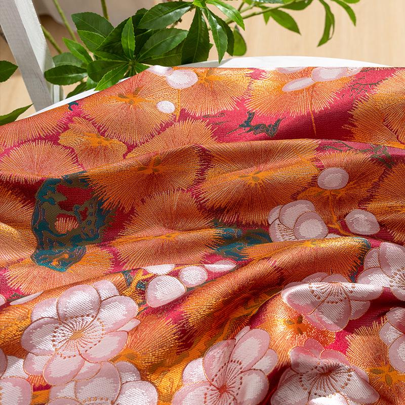 Nishijin Crane Sakura Fabric: Gold Jacquard Silk Brocade, 59" Wide