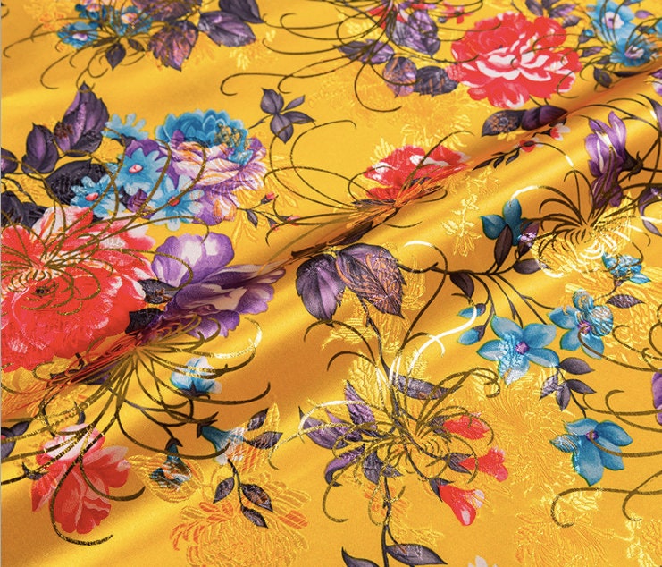 Chrysanthemum Silk Brocade Fabric: 59"W Floral Damask, Upholstery & Sewing