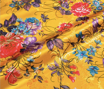 Chrysanthemum Silk Brocade Fabric: 59"W Floral Damask, Upholstery & Sewing
