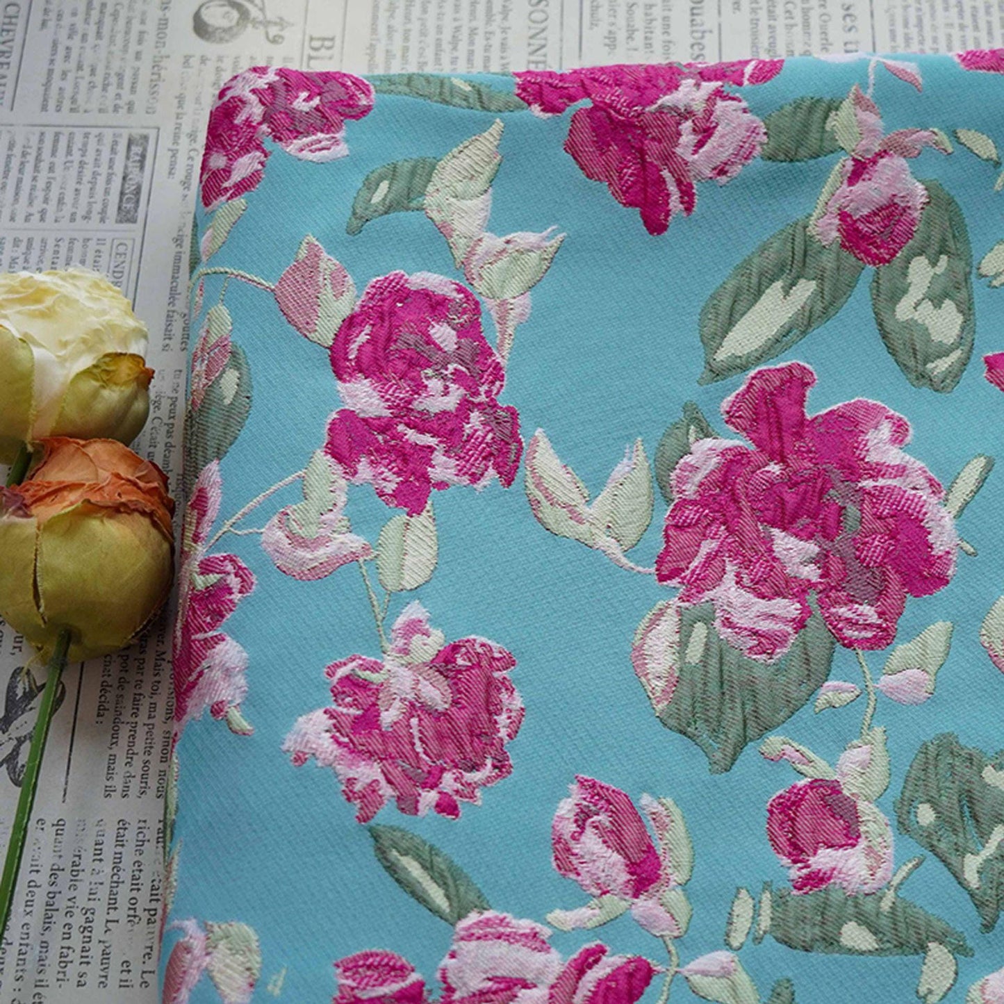 Blue Floral Embossed Jacquard Fabric ��� 3D Textur" Wide