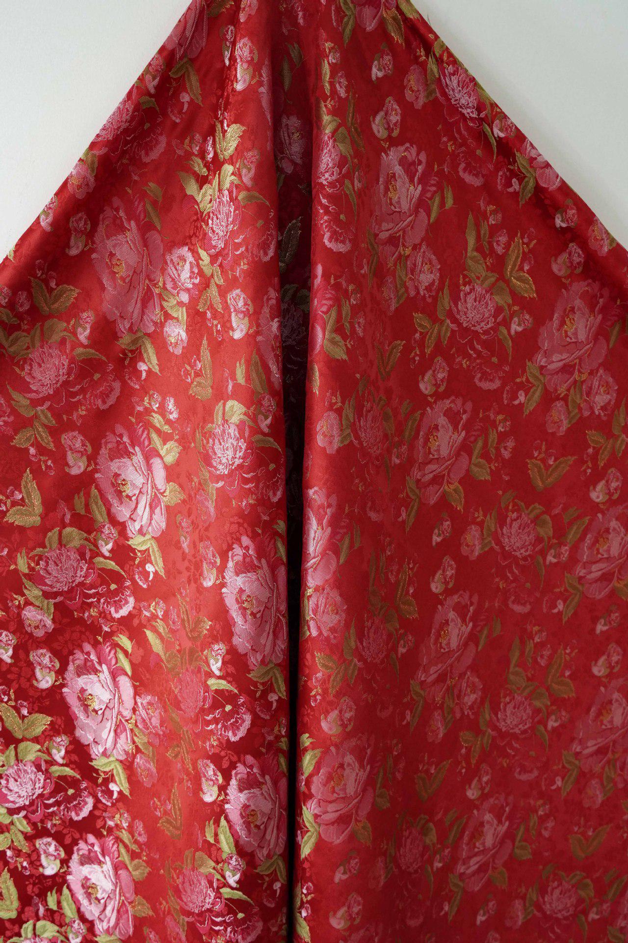 Red Peony Brocade Fabric: Gold Thread Jacquard, 64" Wide