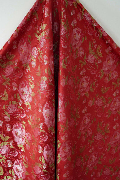 Red Peony Brocade Fabric: Gold Thread Jacquard, 64" Wide