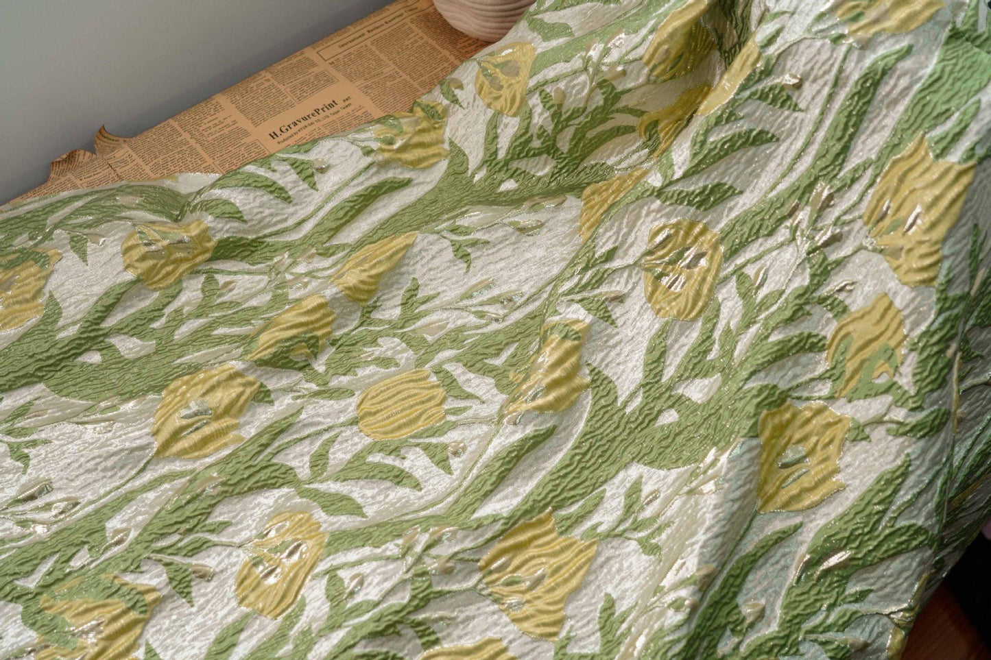 Floral Jacquard Fabric: Gold Thread 3D Texture, 55" Wide