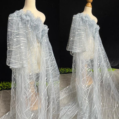 Embroidered Sequin Lace Fabric: Light Blue-Gray Tulle, 59" Wide