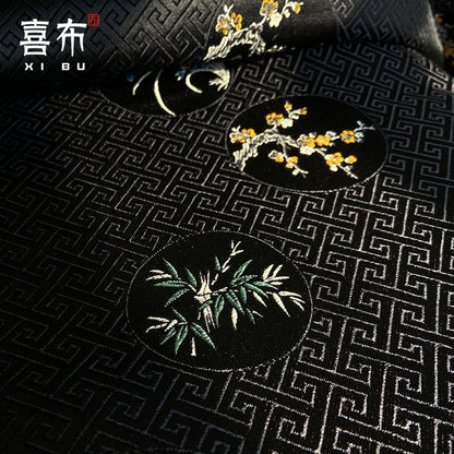 Floral Silk Brocade Fabric: Chinese Plum, Orchid, Bamboo - 29.5" Wide