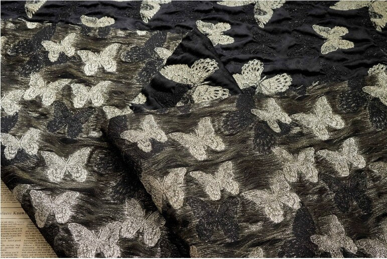 Gold Thread Butterfly Jacquard Fabric: 3D Texture, 56" Wide