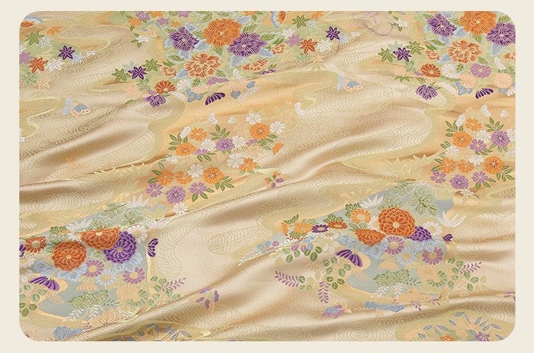 Nishijin Weaving Fabric: Gold Flower River Figure, Japanese Pattern (59"W)