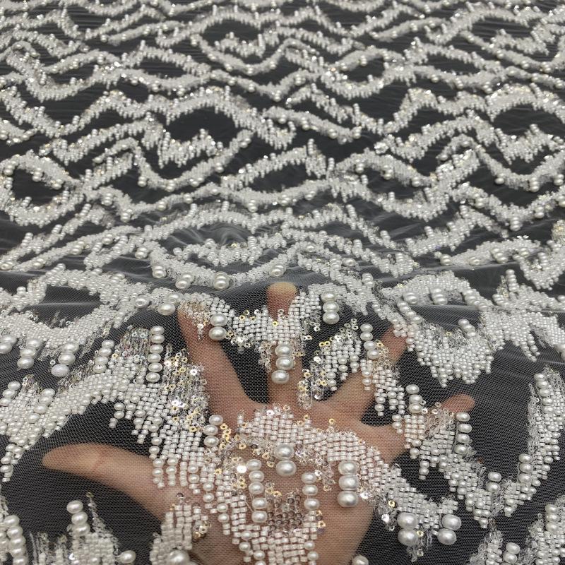 Luxury Beaded Fabric with Pearls Sequins ��� High-End Bridal & Evening Gown Embellished Textile, Wedding dress fabr"Wide