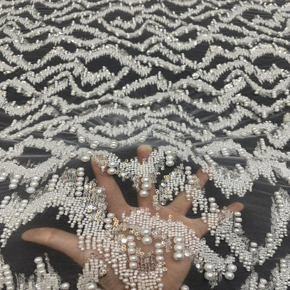 Luxury Beaded Fabric with Pearls Sequins ��� High-End Bridal & Evening Gown Embellished Textile, Wedding dress fabr"Wide