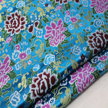 Sky Blue Silk Brocade Fabric: Peony Flower Design, 29"W