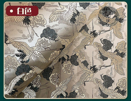 Tissu brocart à motifs de grues : tissu décoratif asiatique coloré vendu au mètre