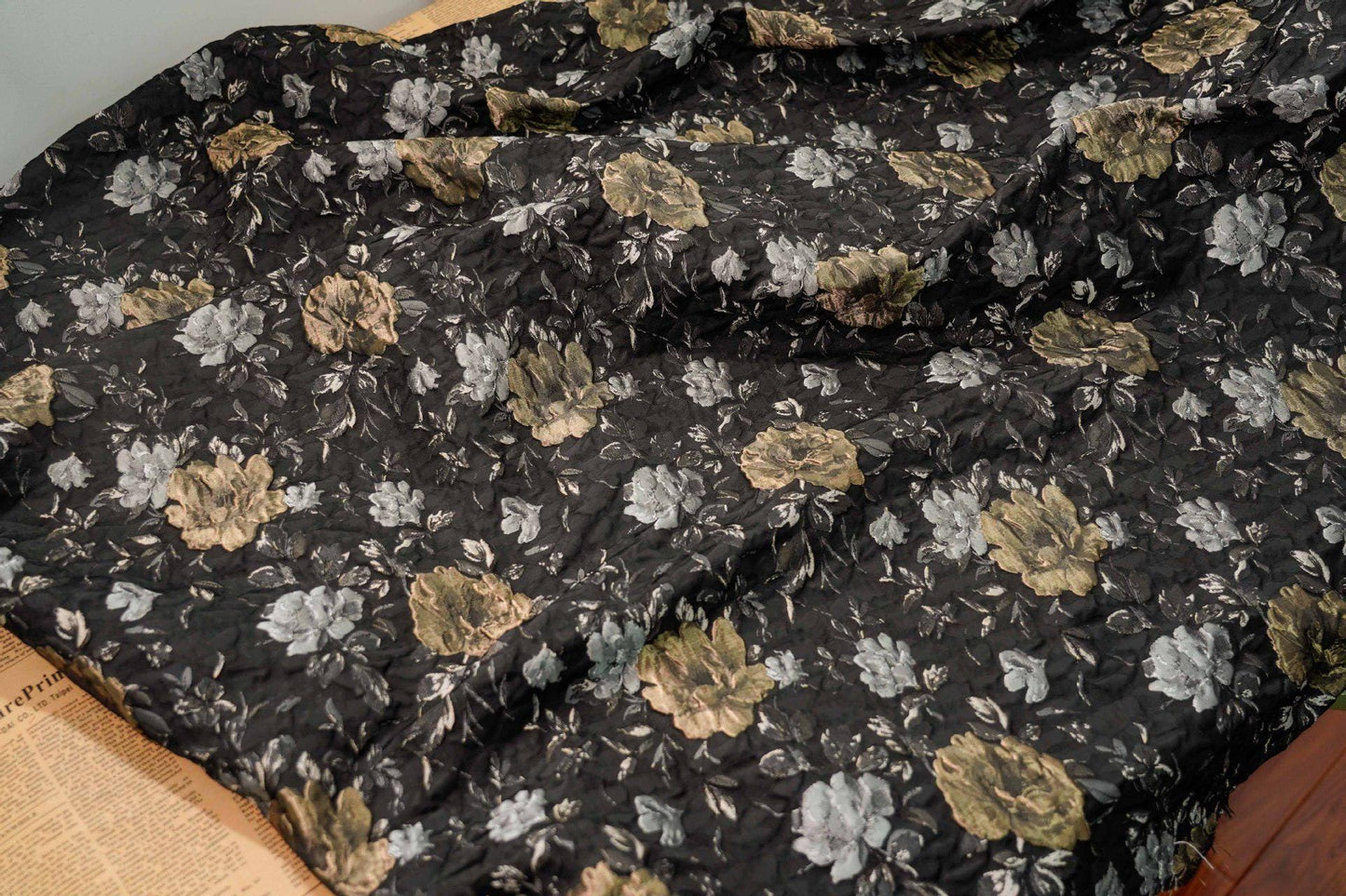 Black Floral Jacquard Fabric: Vintage 3D Designer Material, 65" Wide