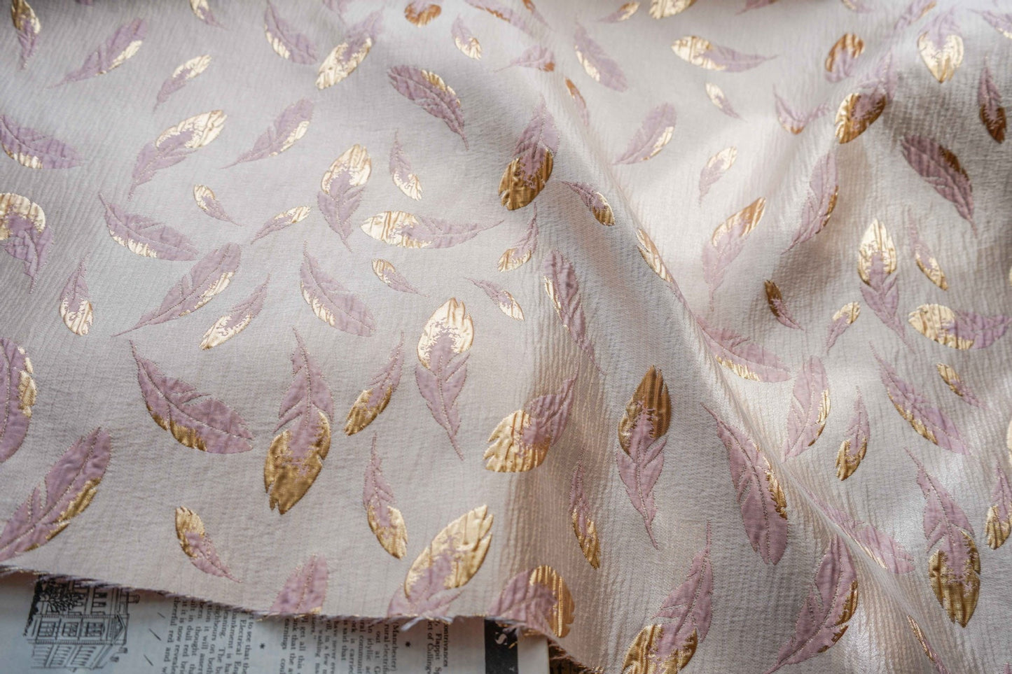 Gold Thread Jacquard Fabric: 3D Feather Design, 56" Wide