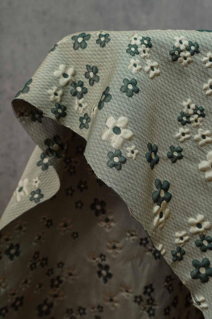 Green Grey Jacquard Fabric: 3D Flower Design, Upholstery & Costume
