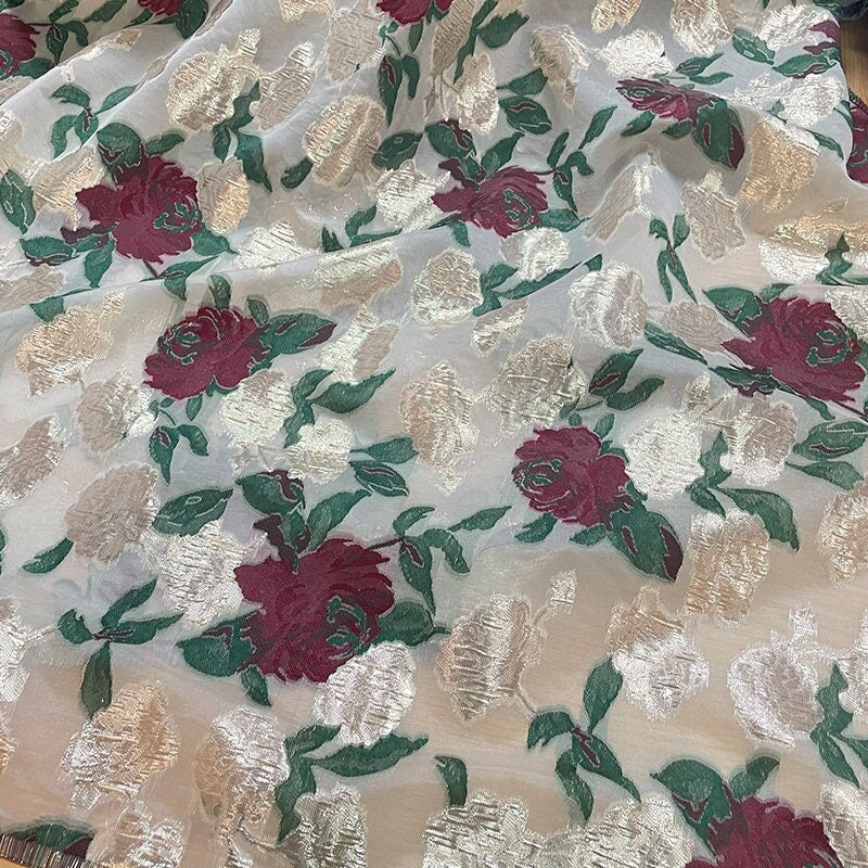 Floral Organza Jacquard Fabric: Gold Thread Sewing & Upholstery - 57"W