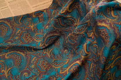 Lurex Jacquard Fabric: Lake Blue Paisley Woven Upholstery, Sewing, Drapery (62"W)