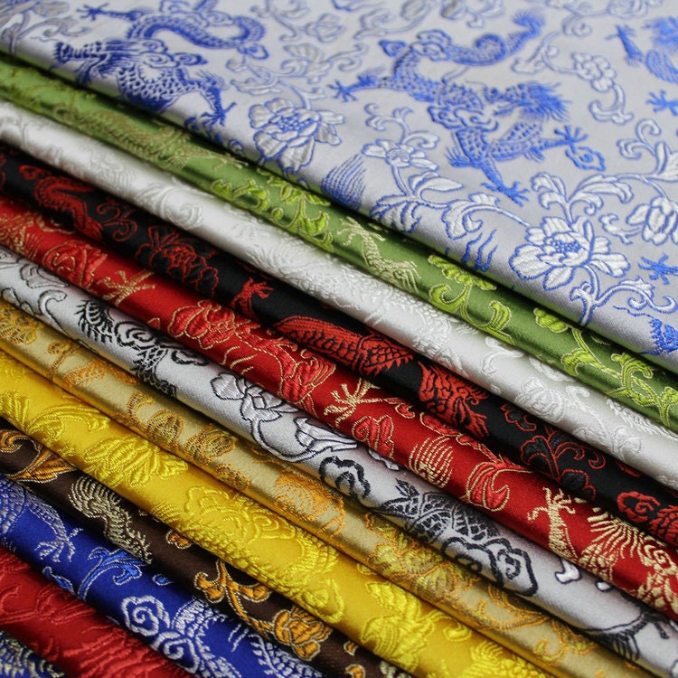 Dragon & Flower Brocade Fabric: Multi-Color Silk Rayon Blend, 29.5" Wide