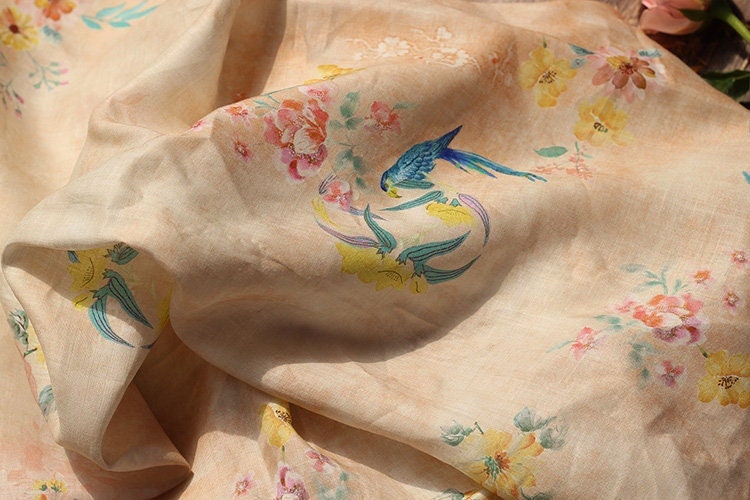 Floral Bird Print Ramie Fabric: Soft Breathable Textile, 55" Wide