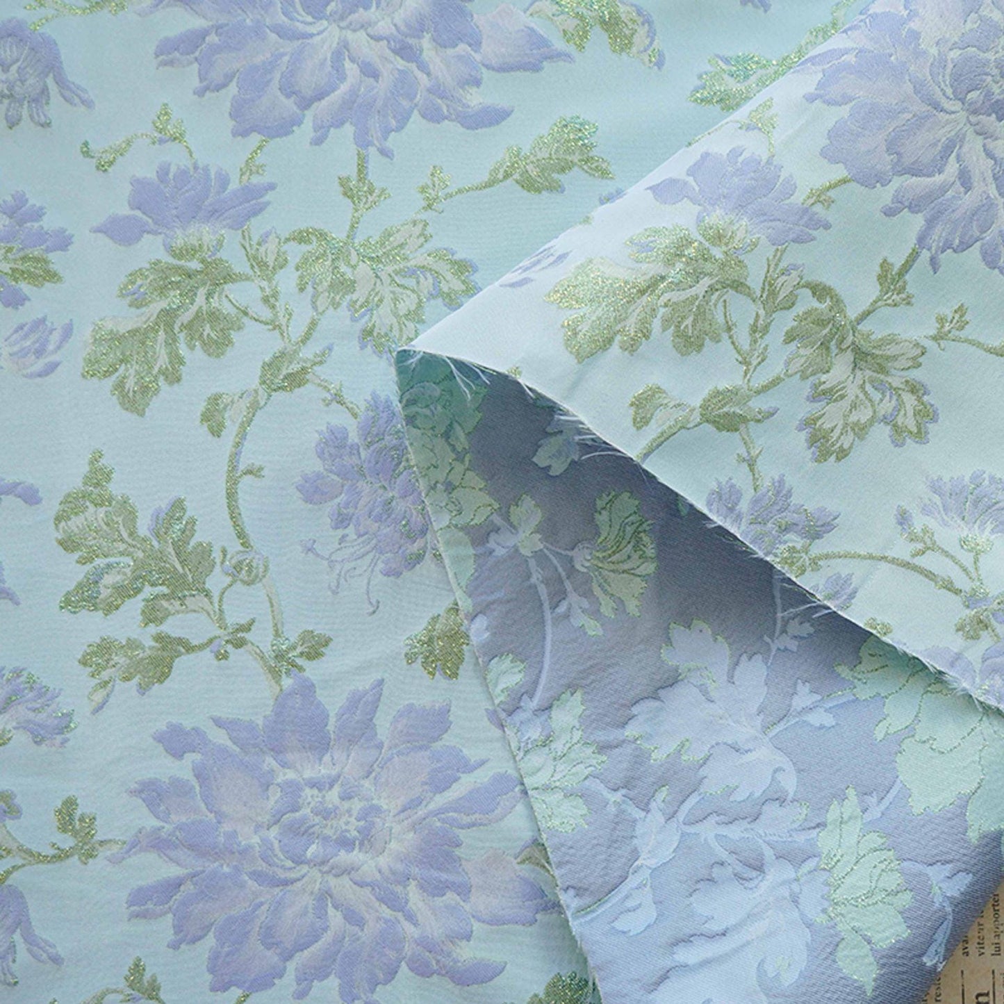 Blue Floral Jacquard Fabric with Gold Foil: 63" Wide Upholstery Fabric