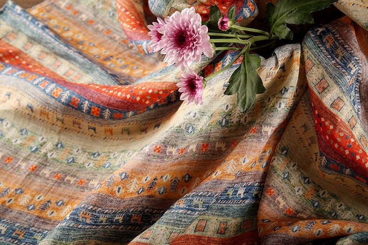 Printed Ramie Fabric: Asian Ethnic Style, Upholstery & Costume (57"W)