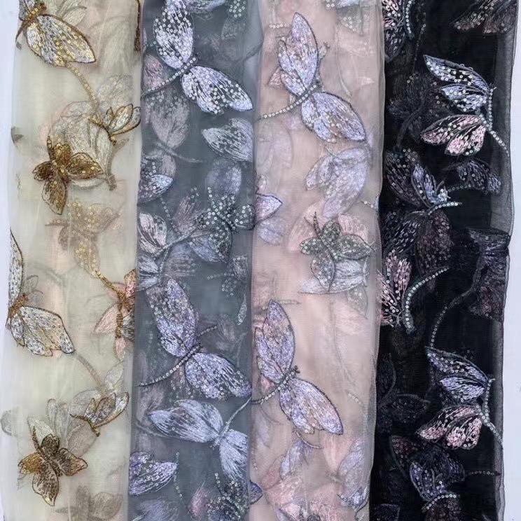 Butterfly Embroidered Sequin Lace Fabric: Two-Tone Tulle Mesh, 59" Wide