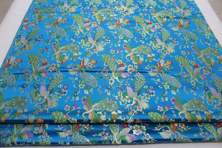 Peacock Floral Brocade Fabric: Chinese Silk Rayon Blend, 29"W